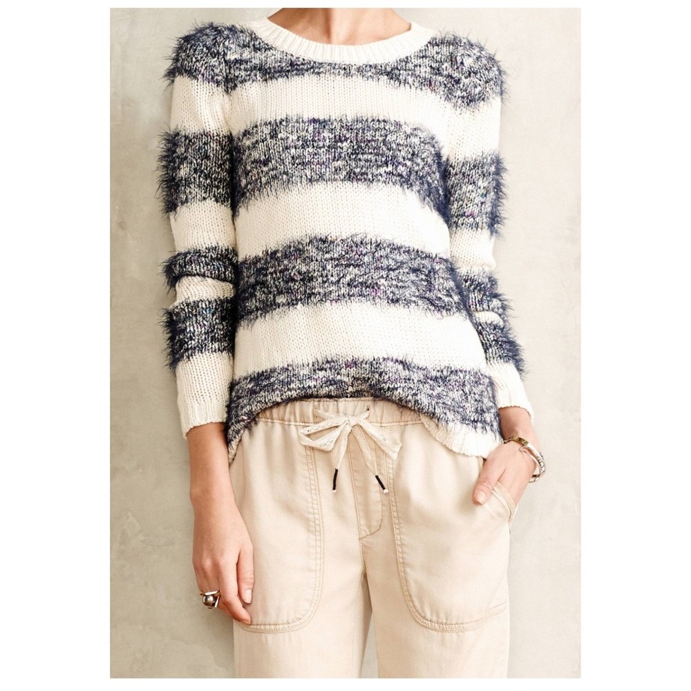 Anthropologie Tabitha Eyelash Stripe Pullover Sweater Cream Navy XL